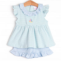 Seafoam Sails Pima Embroidered Ruffle Short Set, Blue