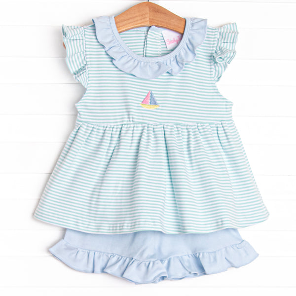 Seafoam Sails Pima Embroidered Ruffle Short Set, Blue