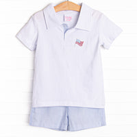 Waving in the Wind Embroidered Short Set, Blue