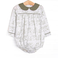 This bubble features a green hunting dog print, a green Peter Pan collar, and green piping. 