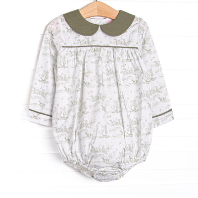 This bubble features a green hunting dog print, a green Peter Pan collar, and green piping. 