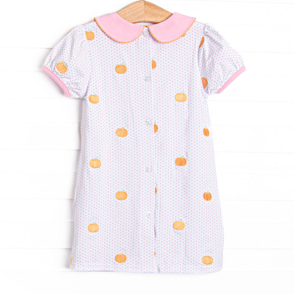 Petite Polka Dot Pumpkins Embroidered Dress, Pink