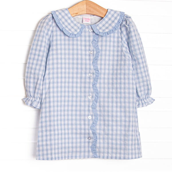 This dress features blue plaid fabric, a ruffle Peter Pan collar, front buttons, and scalloped edges.