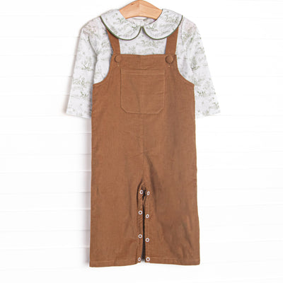 This set features a green hunting dog printed top, a Peter Pan collar, and green piping. Tan corduroy Jon Jon to complete the set.