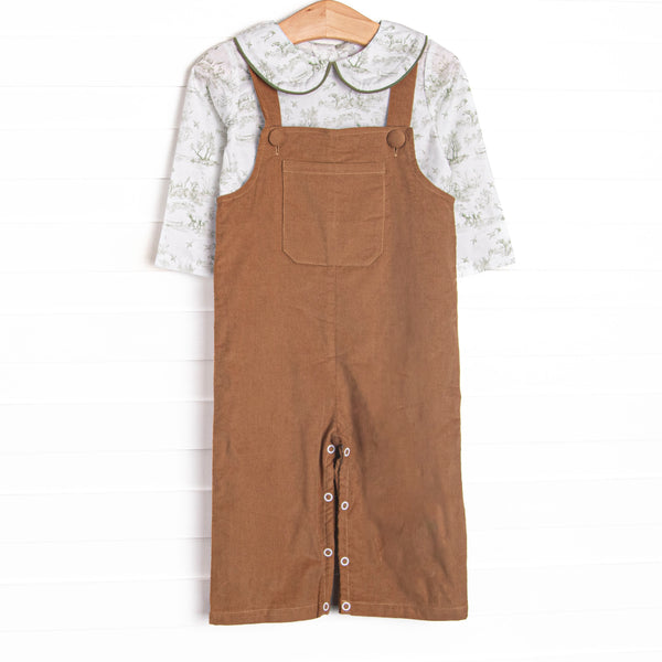 This set features a green hunting dog printed top, a Peter Pan collar, and green piping. Tan corduroy Jon Jon to complete the set.