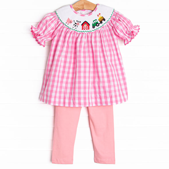 Fun at the Farm Smocked Legging Set, Pink Check