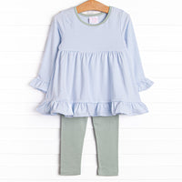 The set features soft knit material, light blue stripes, and coordinating light green leggings to match.