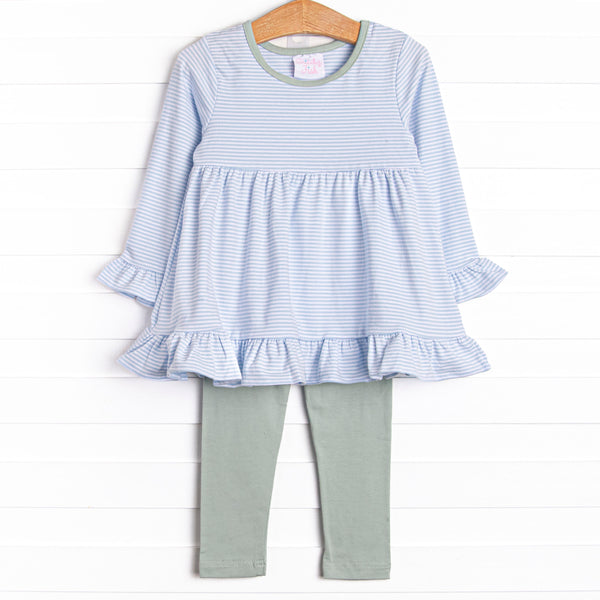 The set features soft knit material, light blue stripes, and coordinating light green leggings to match.