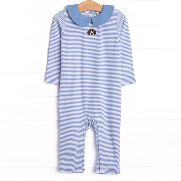 Beagle Blue Pima Embroidered Romper, Blue