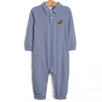 This romper features a navy blue striped print, a football embroidery, and snaps on the stride.