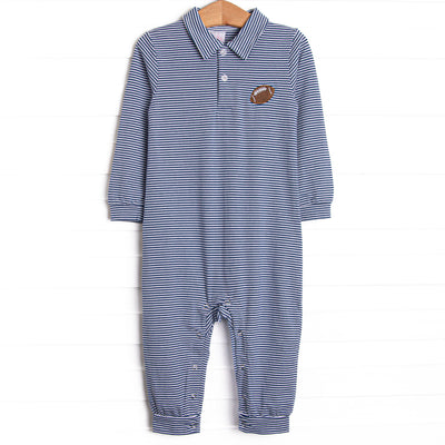 This romper features a navy blue striped print, a football embroidery, and snaps on the stride.