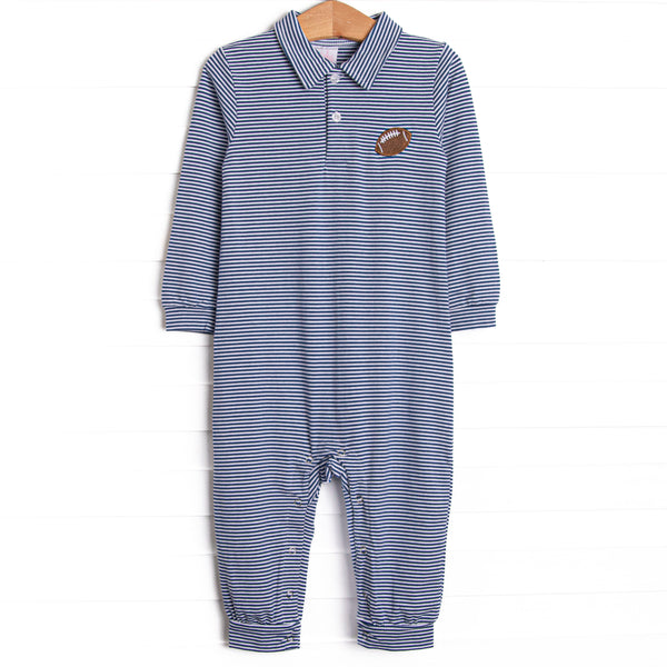This romper features a navy blue striped print, a football embroidery, and snaps on the stride.
