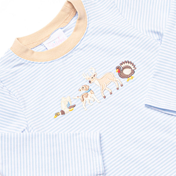 Fall Time Fields Applique Pant Set, Light Blue Stripe