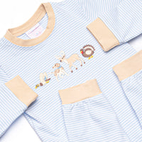 Fall Time Fields Applique Romper, Light Blue Stripe