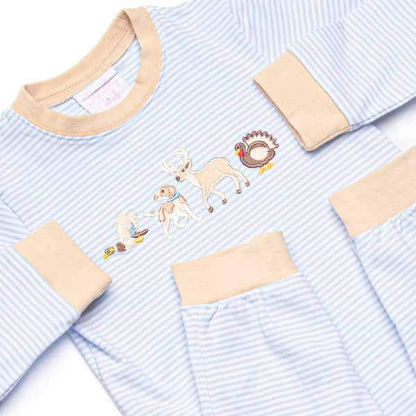 Fall Time Fields Applique Romper, Light Blue Stripe