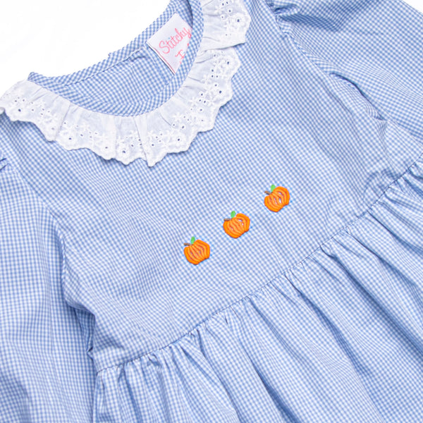 Petite Pumpkin Embroidered Dress, Blue