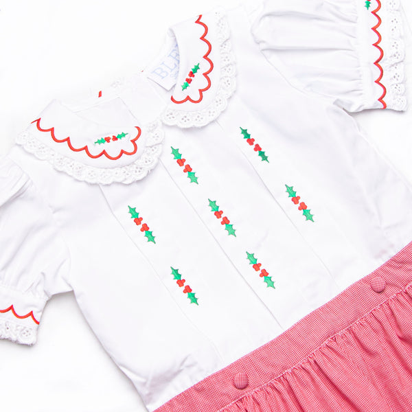 Bleu: Hollybrook Holiday Embroidered Girl Button-On Bubble, Red