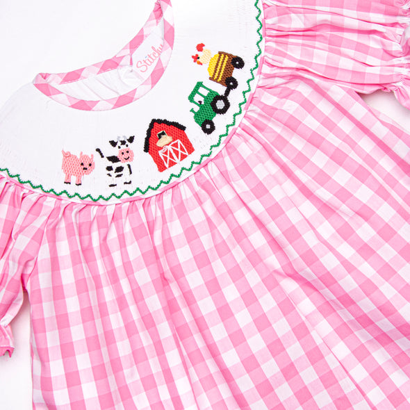 Fun at the Farm Smocked Legging Set, Pink Check