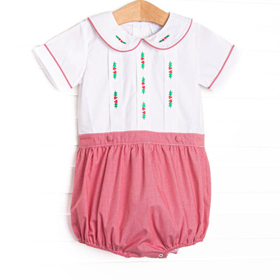 This button-on bubble features white fabric, red mini gingham, holly embroidery, and a white Peter Pan collar.
