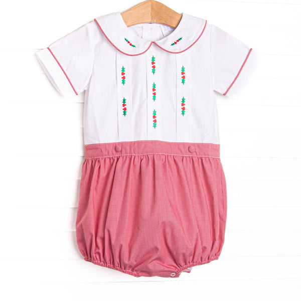 This button-on bubble features white fabric, red mini gingham, holly embroidery, and a white Peter Pan collar.