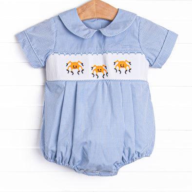Spooky Spider Smocked Bubble, Blue Gingham