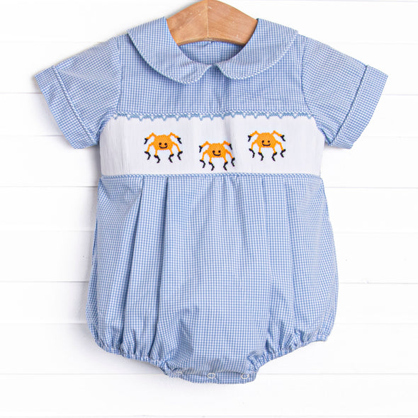 Spooky Spider Smocked Bubble, Blue Gingham