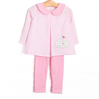 This set features pink stripes, a golfing green applique, and a pink Peter Pan collar. Coordinating pink leggings to match.