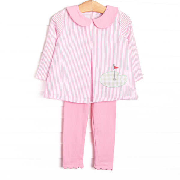 This set features pink stripes, a golfing green applique, and a pink Peter Pan collar. Coordinating pink leggings to match.