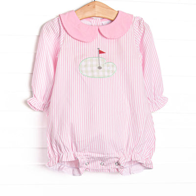 This bubble features pink stripes, a golfing green applique, and a pink Peter Pan collar.