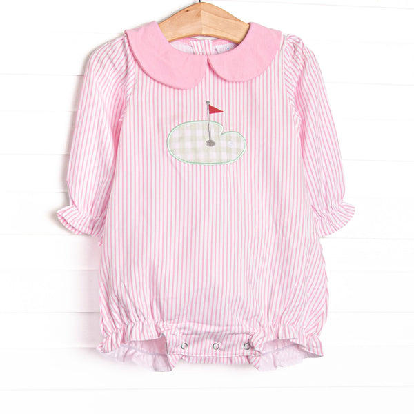 This bubble features pink stripes, a golfing green applique, and a pink Peter Pan collar.