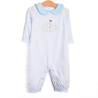  This romper features blue stripes, a golfing green applique, and a blue Peter Pan collar. 