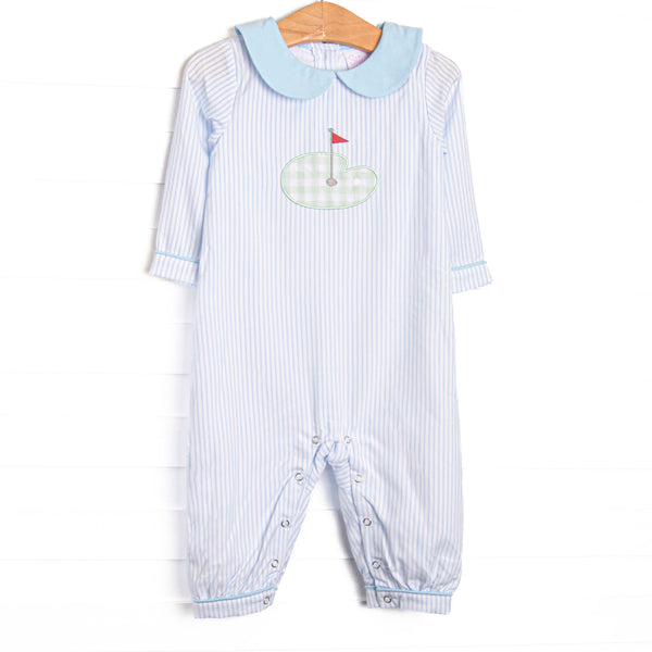  This romper features blue stripes, a golfing green applique, and a blue Peter Pan collar. 