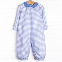 This romper features a blue gingham print, blue peter pan collar, and snaps on the stride.