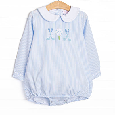 This bubble features blue striped fabric, a white Peter Pan collar, and golf applique.
