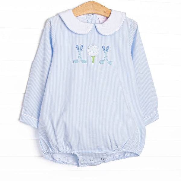 This bubble features blue striped fabric, a white Peter Pan collar, and golf applique.