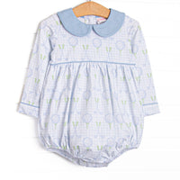  This bubble features blue gingham and golf fabric, a blue Peter Pan collar, and long sleeves. 