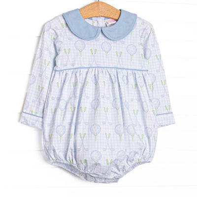  This bubble features blue gingham and golf fabric, a blue Peter Pan collar, and long sleeves. 