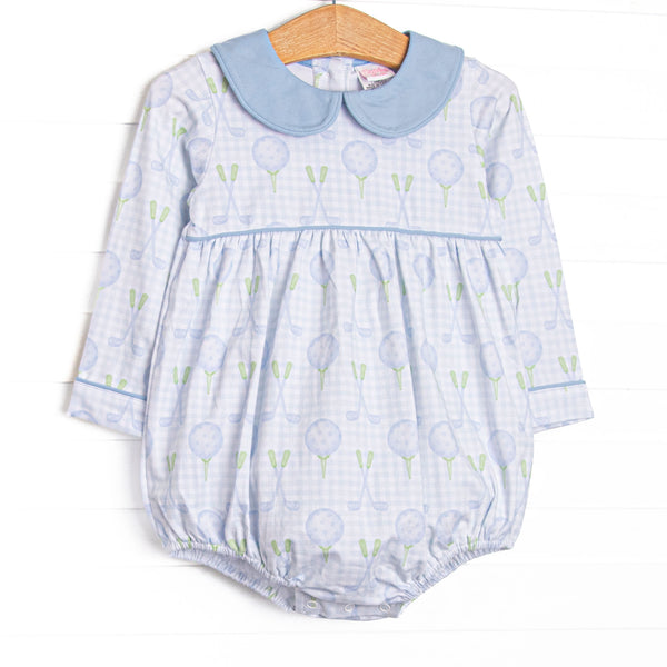  This bubble features blue gingham and golf fabric, a blue Peter Pan collar, and long sleeves. 