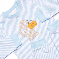 Snack O'Lantern Pup Applique Romper, Blue