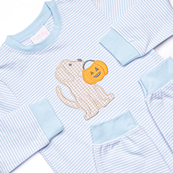 Snack O'Lantern Pup Applique Romper, Blue