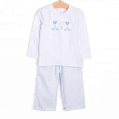  This set features a white top, long sleeves, and golf applique. Coordinating blue pants to match. 