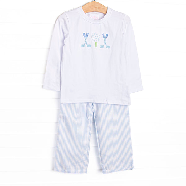  This set features a white top, long sleeves, and golf applique. Coordinating blue pants to match. 
