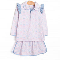 This set features pink gingham and golf fabric, blue flutter shoulders, and a button up collar. Coordinating skirt to match.