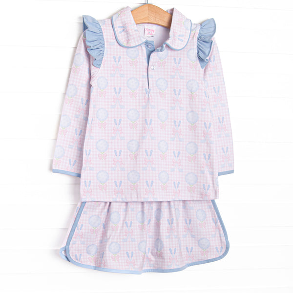 This set features pink gingham and golf fabric, blue flutter shoulders, and a button up collar. Coordinating skirt to match.
