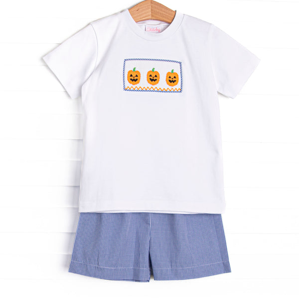 Jack O'Lantern Trio Smocked Short Set, Blue