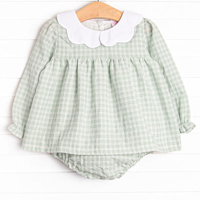  This set features a green plaid print, a scallop collar, and matching diaper cover. 