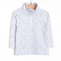  This pullover features blue gingham and golf fabric, a quarter zipper, and long sleeves. 