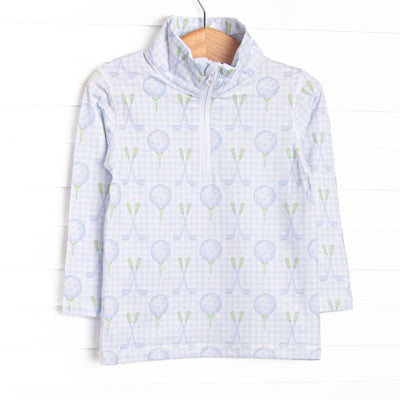  This pullover features blue gingham and golf fabric, a quarter zipper, and long sleeves. 