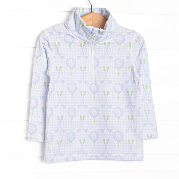  This pullover features blue gingham and golf fabric, a quarter zipper, and long sleeves. 