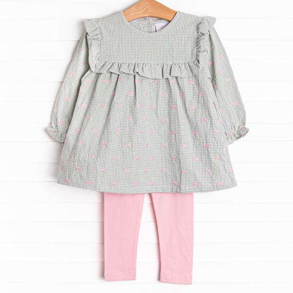 Brooksy Bows Embroidered Legging Set, Green Gingham